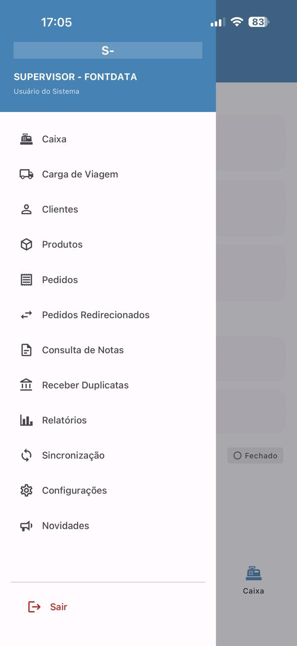 Menu do aplicativo MAXIMUS FORCE com caixa, carga de viagem, clientes, produtos, pedidos, consulta de notas e sincronização